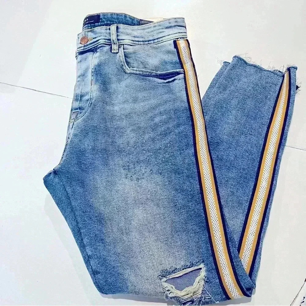 Zara jeans man mens 34 crop jeans yellow line distressed  jeans pants‎